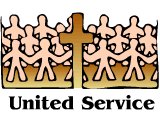 United Service, with people holding hands around the cross